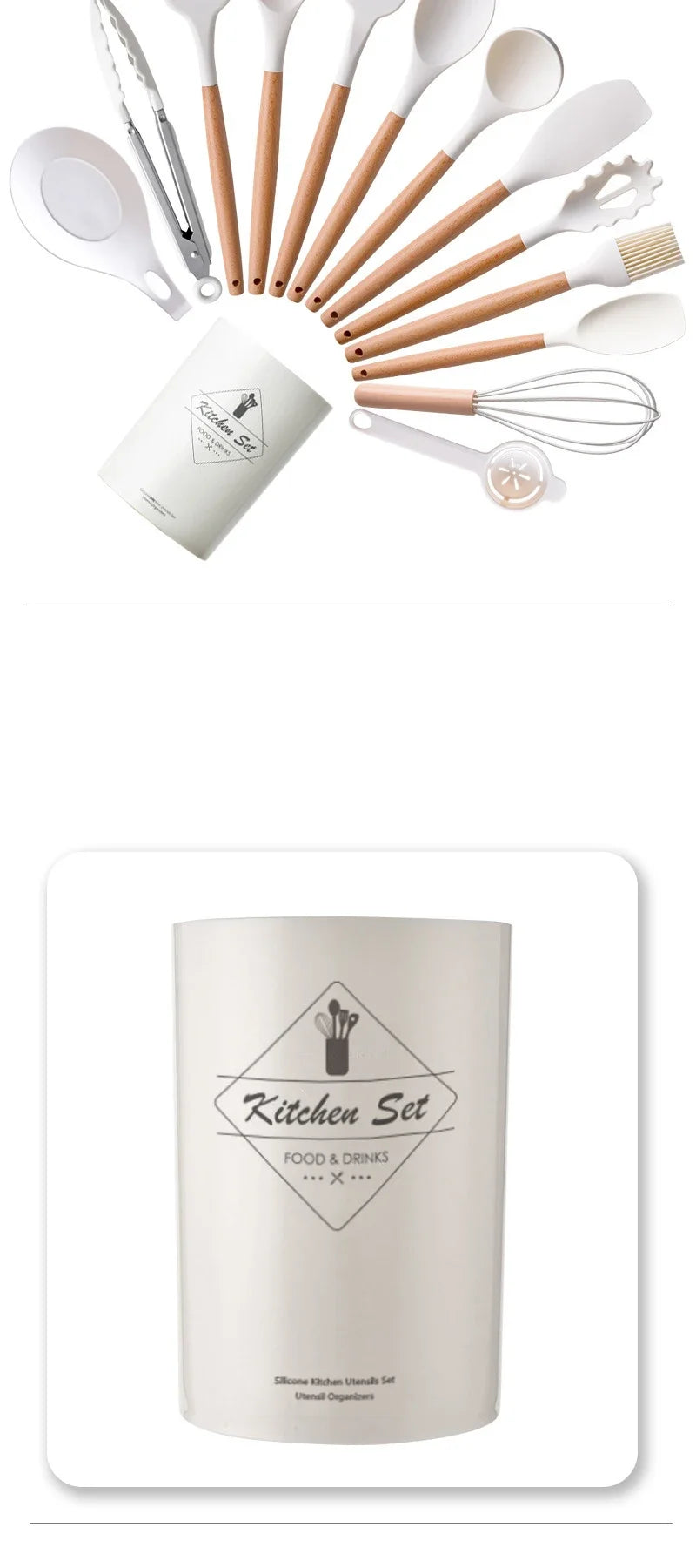 12Pcs Silicone Utensils Set – Non-Stick Kitchen Tools with Wooden Handles - Natural Woods