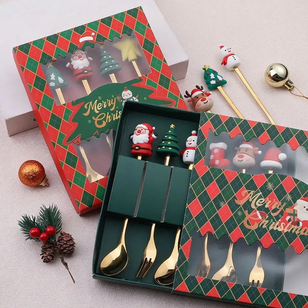 Christmas Themed Stainless Steel Cutlery Set – Creative Cartoon Knife, Fork & Spoon | 2/4/6pcs Festive Holiday Gift & Table Decoration