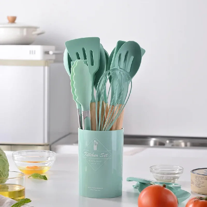 12Pcs Silicone Utensils Set – Non-Stick Kitchen Tools with Wooden Handles - Natural Woods