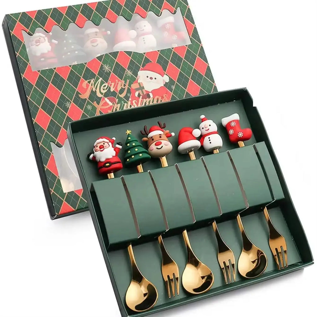 Christmas Themed Stainless Steel Cutlery Set – Creative Cartoon Knife, Fork & Spoon | 2/4/6pcs Festive Holiday Gift & Table Decoration