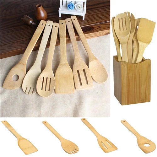 Bamboo Cooking Utensil Set – 6‑Piece Eco‑Friendly Wooden Spoon and Spatula Kit