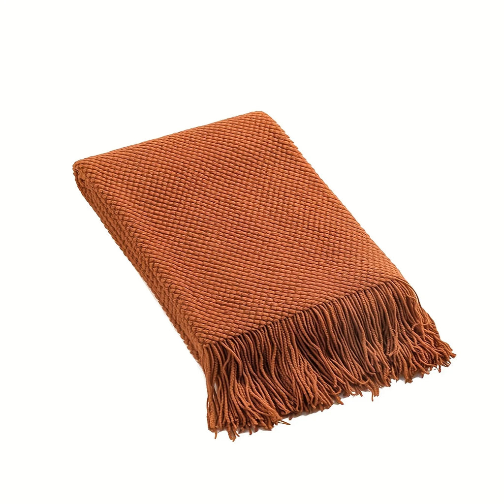 Morandi Orange Knitted Tassel Throw – Soft Warm Blanket for Sofa, Couch, Naps, Camping and Travel