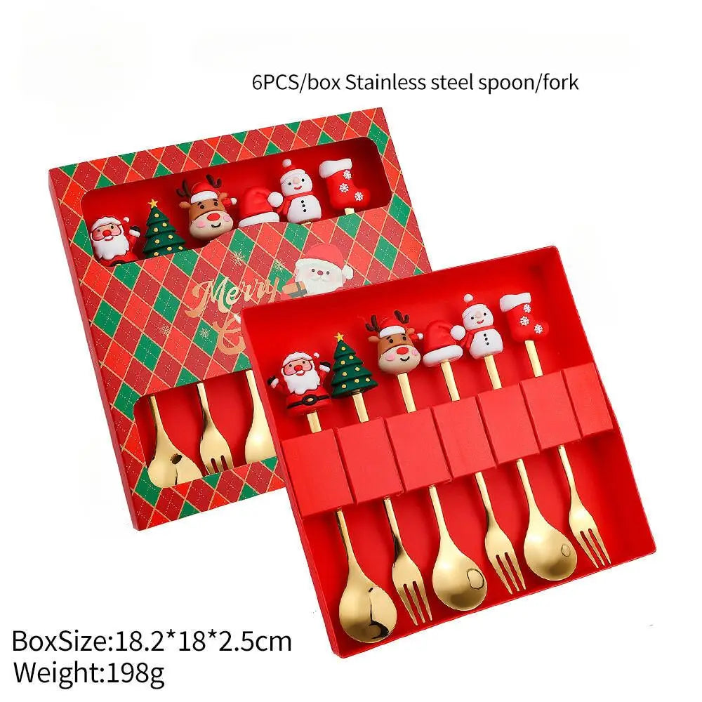 Christmas Themed Stainless Steel Cutlery Set – Creative Cartoon Knife, Fork & Spoon | 2/4/6pcs Festive Holiday Gift & Table Decoration