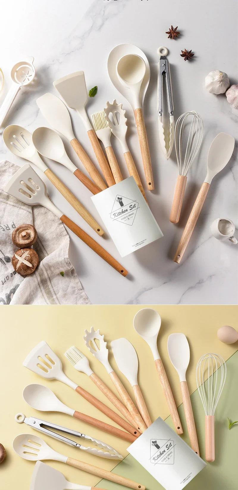 12Pcs Silicone Utensils Set – Non-Stick Kitchen Tools with Wooden Handles - Natural Woods