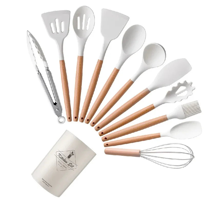 12Pcs Silicone Utensils Set – Non-Stick Kitchen Tools with Wooden Handles - Natural Woods