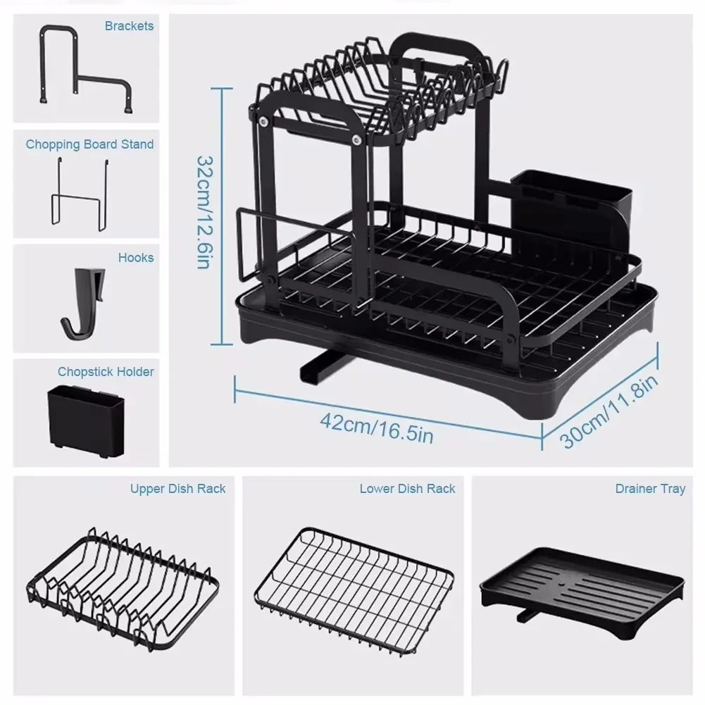 2‑Tier Dish Drying Rack with Drainboard – Metal Dish Drainer with Cutlery Basket and Bowl Storage