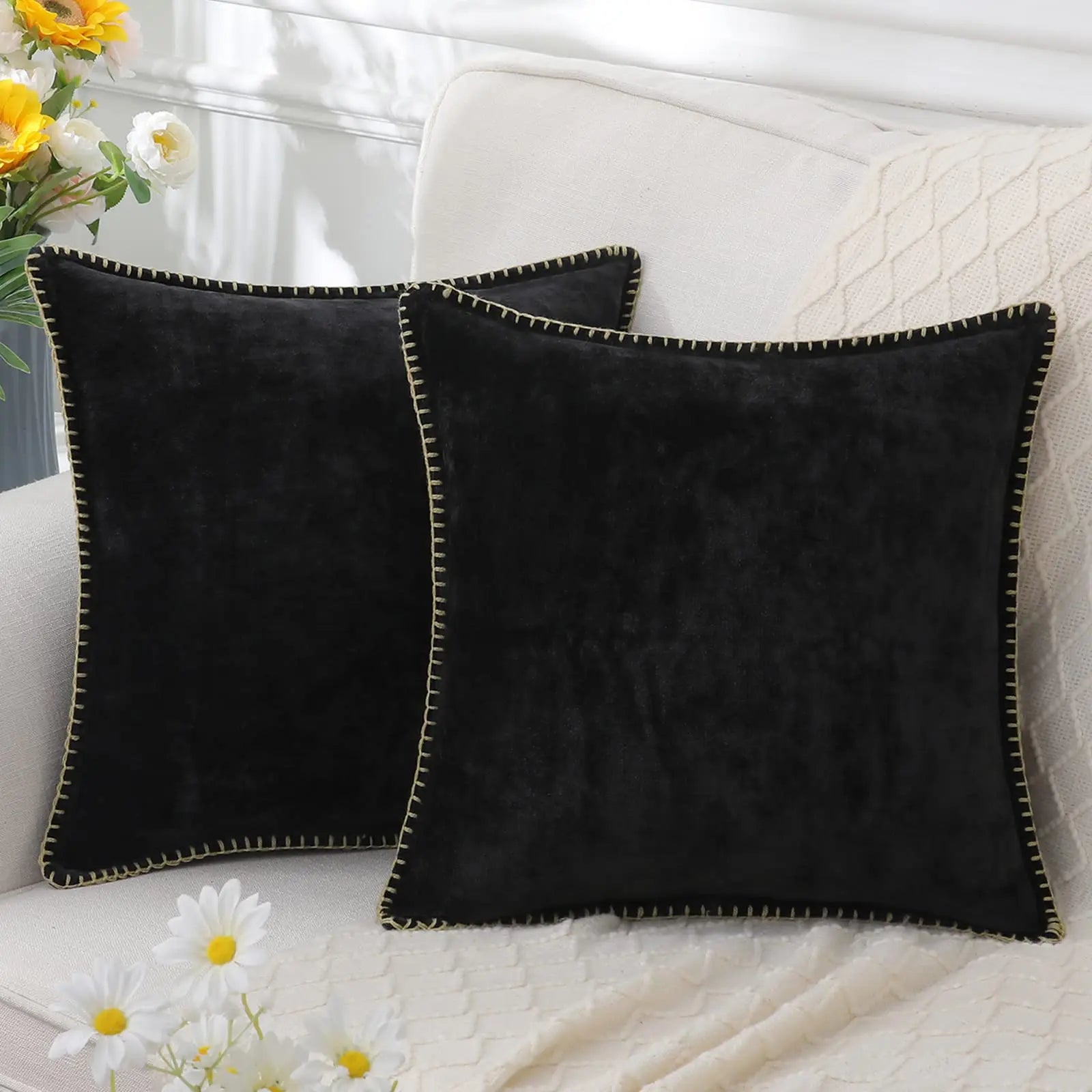 Kitinjoy Chenille Soft Throw Pillow Covers 18x18 – Set of 2 Velvet‑Look Cushion Covers with Stitched Edge for Sofa, Couch and Bed