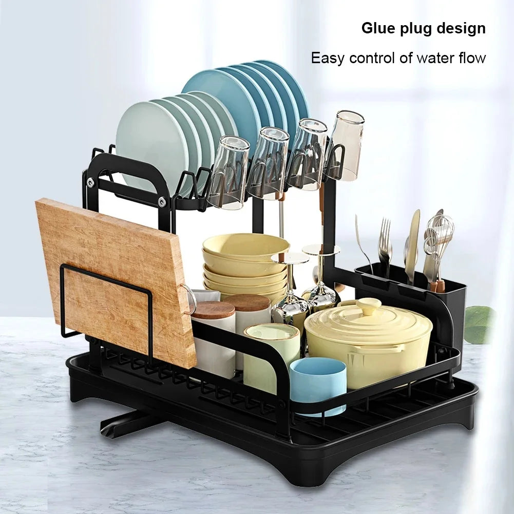 2‑Tier Dish Drying Rack with Drainboard – Metal Dish Drainer with Cutlery Basket and Bowl Storage