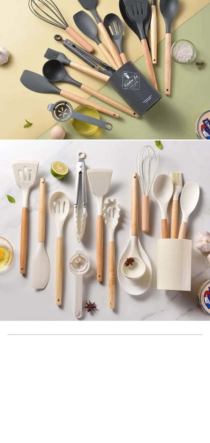 12Pcs Silicone Utensils Set – Non-Stick Kitchen Tools with Wooden Handles - Natural Woods