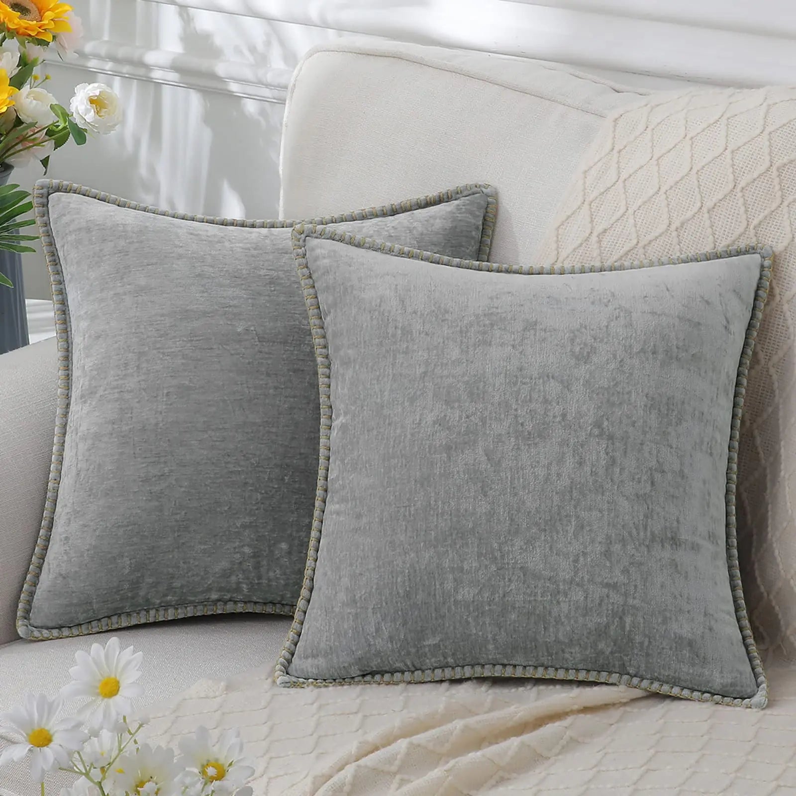 Kitinjoy Chenille Soft Throw Pillow Covers 18x18 – Set of 2 Velvet‑Look Cushion Covers with Stitched Edge for Sofa, Couch and Bed